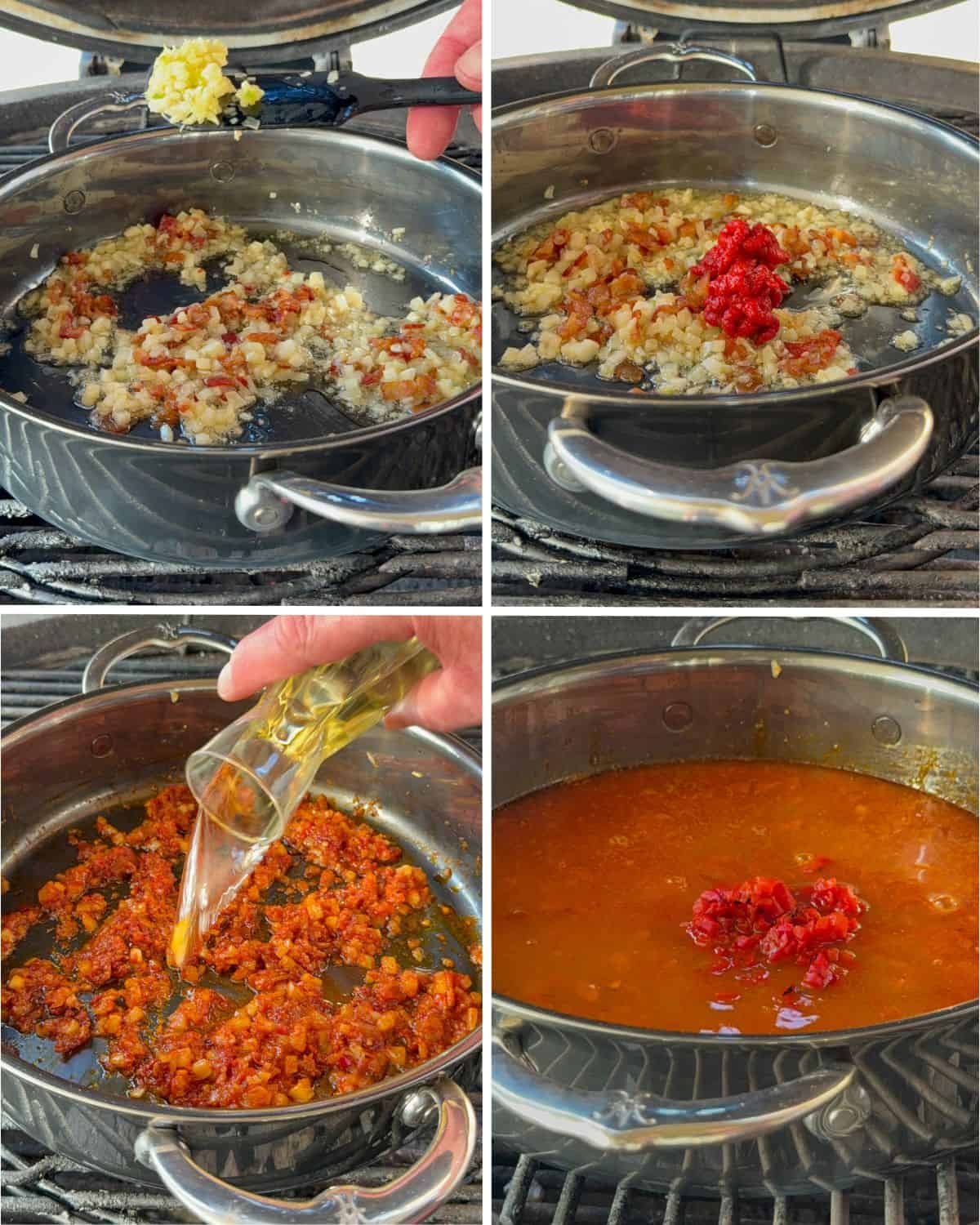 Add the garlic, tomato paste, clam juice, stock and red peppers to the pot.