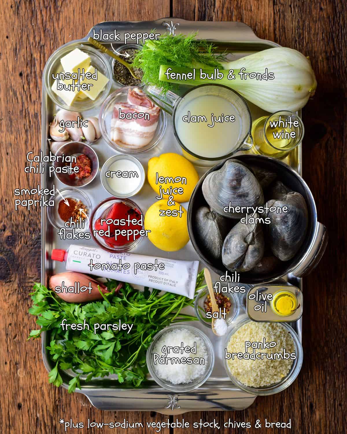 Recipe ingredients for a grilled clams casino recipe with cherrystone clams.