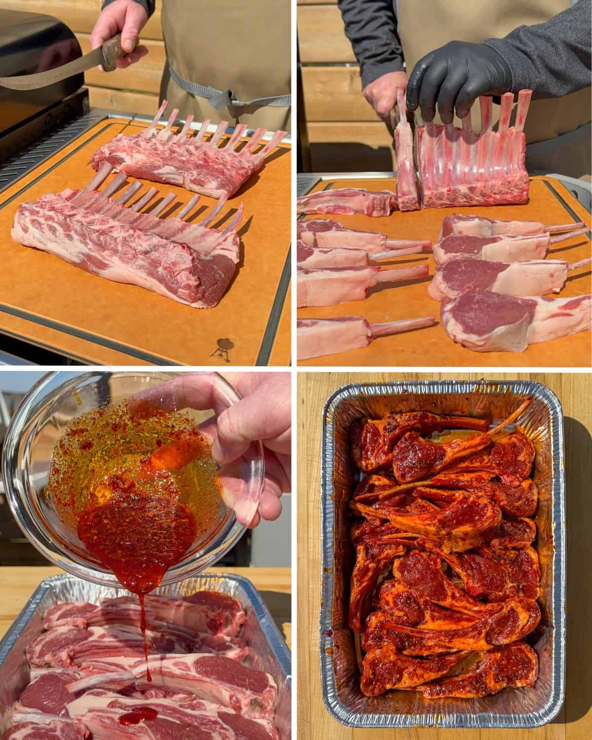 Slicing lamb racks into lamb lollipops, then marinating the harissa lamb chops.