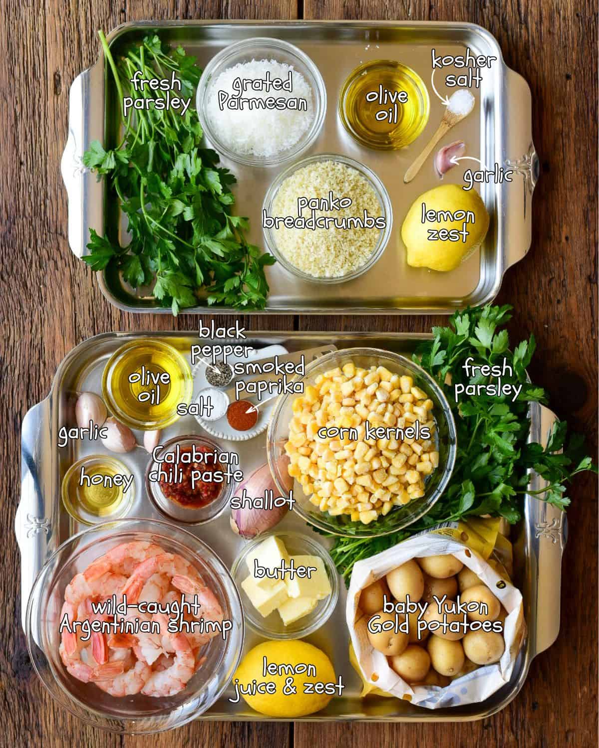 Ingredients for a spicy Calabrian shrimp recipe and a lemon Pangrattato recipe.