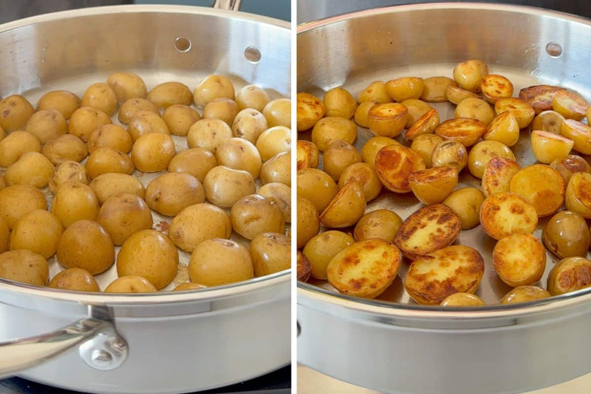 Place the potatoes, cut side down, in the pan to brown.