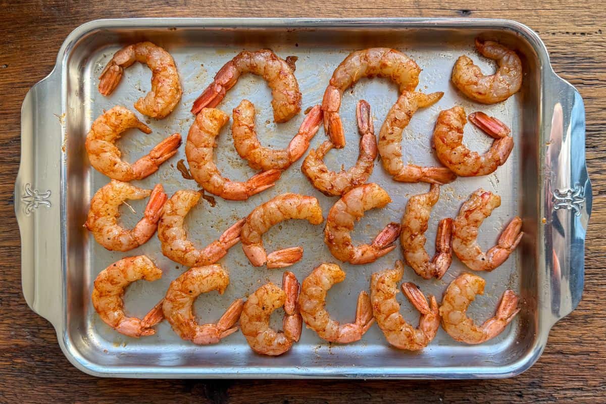 A tray of seasoned shrimp.