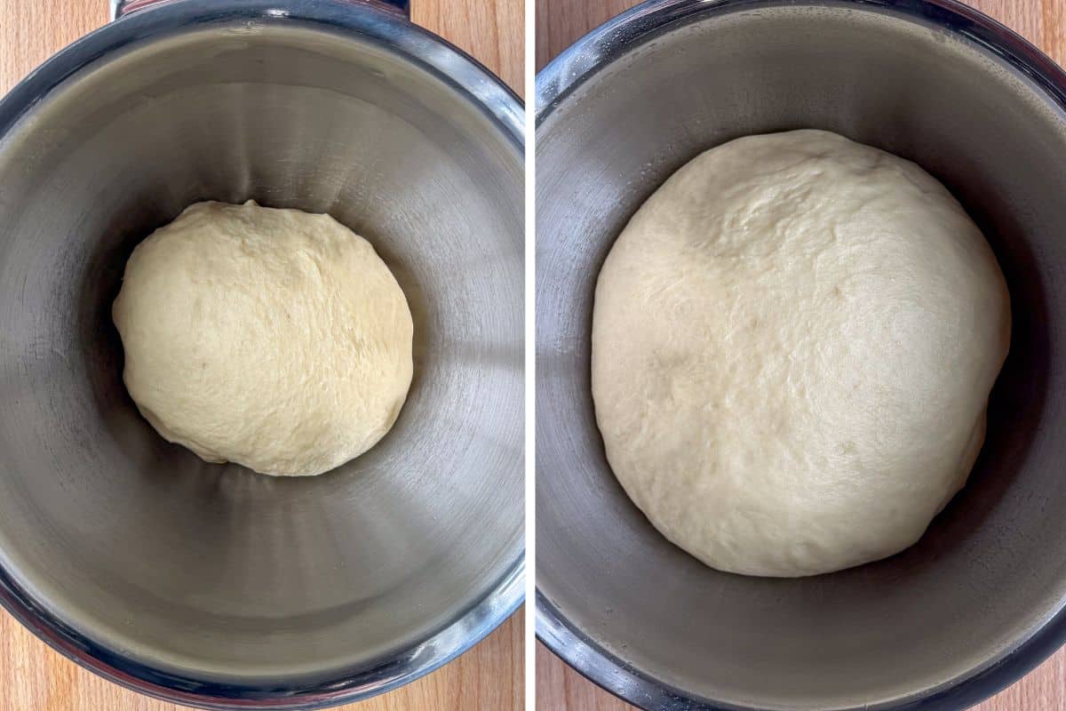 Dough balls before and after the first rise.