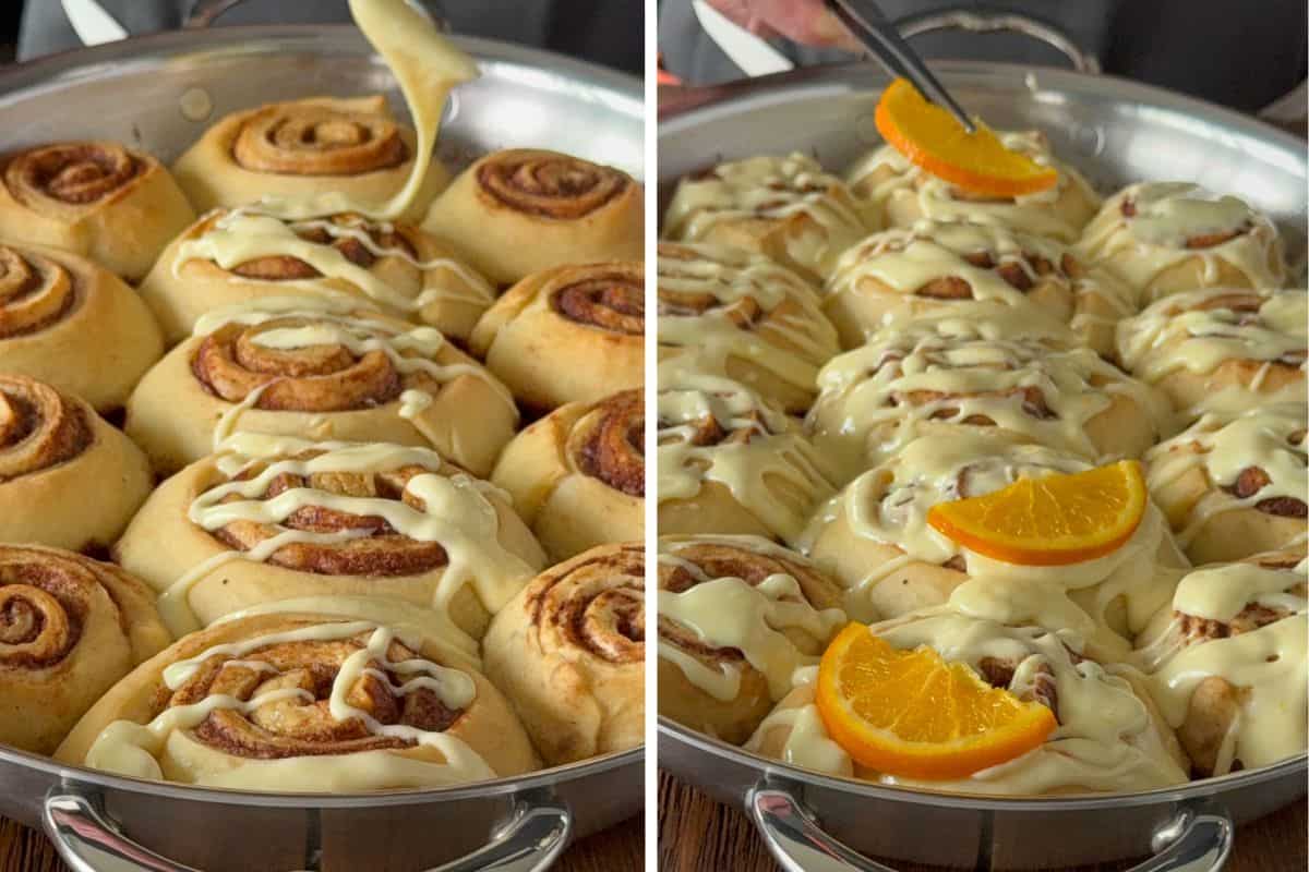 Glaze the baked cinnamon rolls with the orange cream cheese glaze and top each roll with a candied orange wedge.