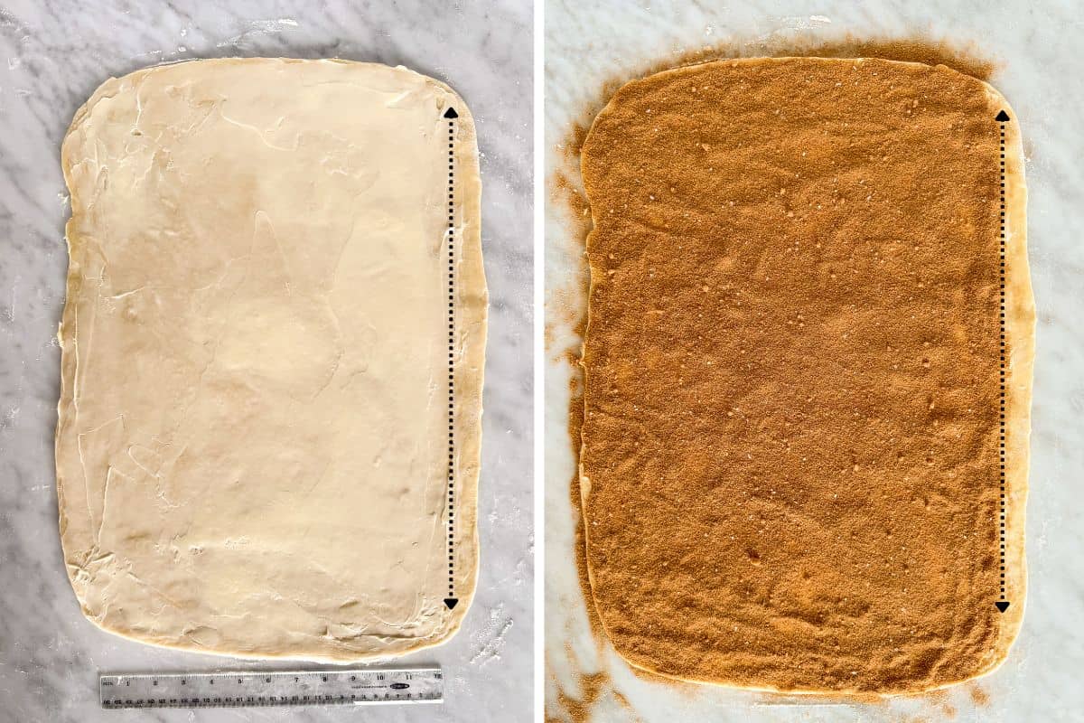 Roll out the dough, spread out the butter and sprinkle with the cinnamon mixture.