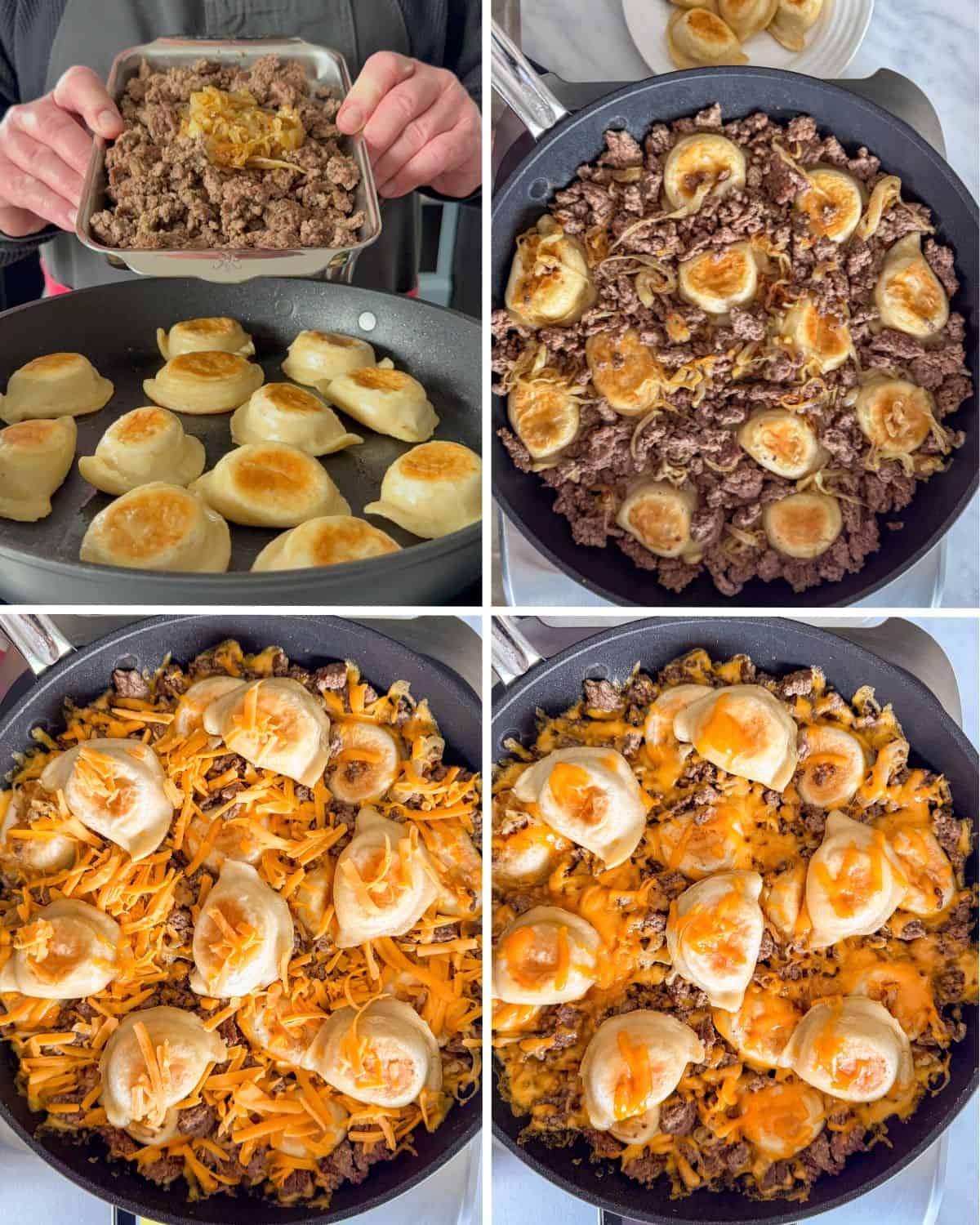 Layer and assemble the cheeseburger pierogi skillet.
