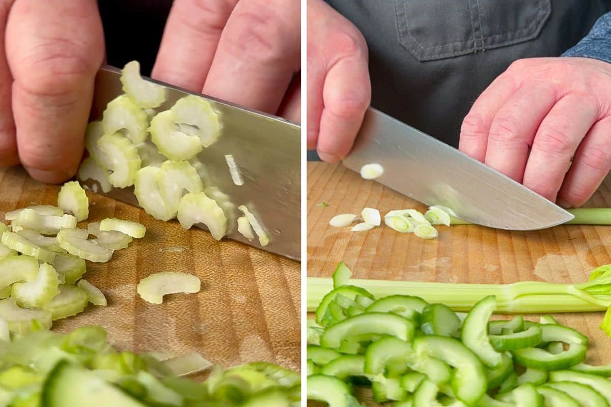 Slice the celery and green onions.