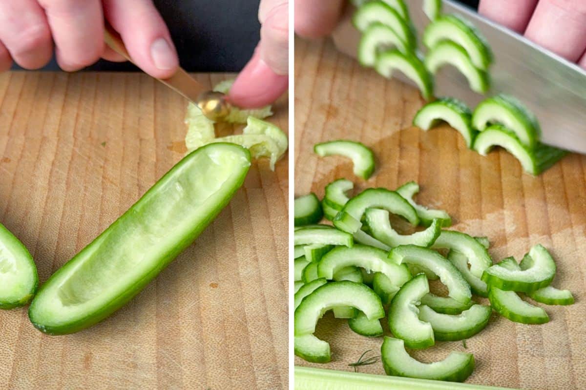 Prep the cucumbers by scooping out the seeds, then slice the cucumber.