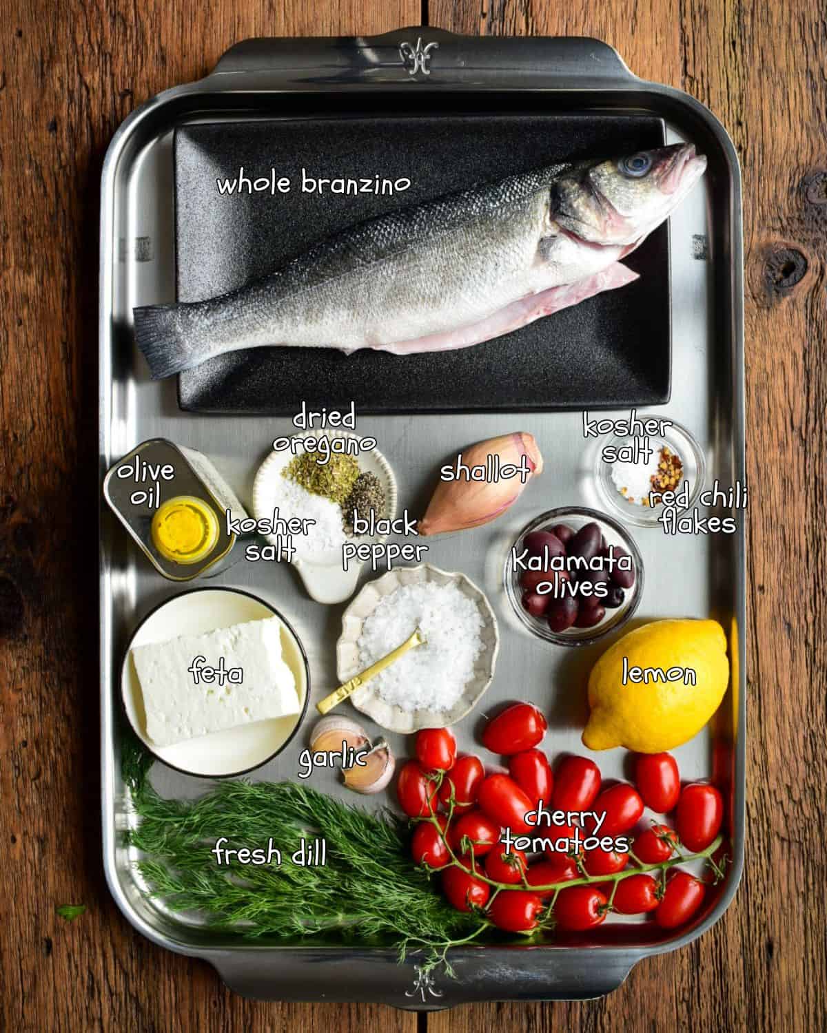 Ingredients for a roasted branzino recipe.
