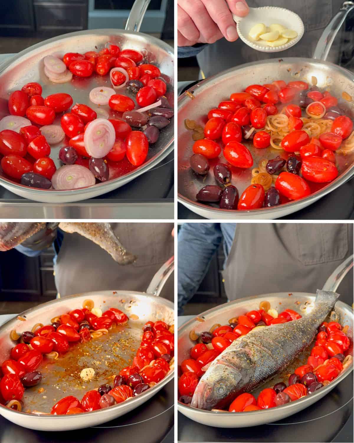 Roast the tomatoes, shallots and olives first, then make a space for the fish.