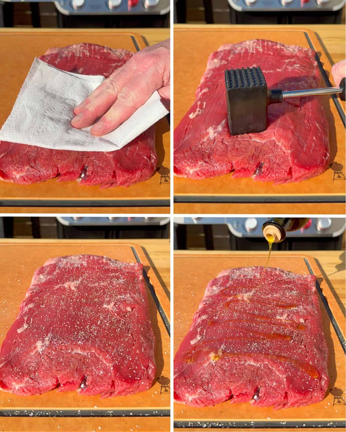 Prep your flank steak by drying it with paper towels, lightly pounding out any larger pieces, and season it with salt and pepper, then apply oil.