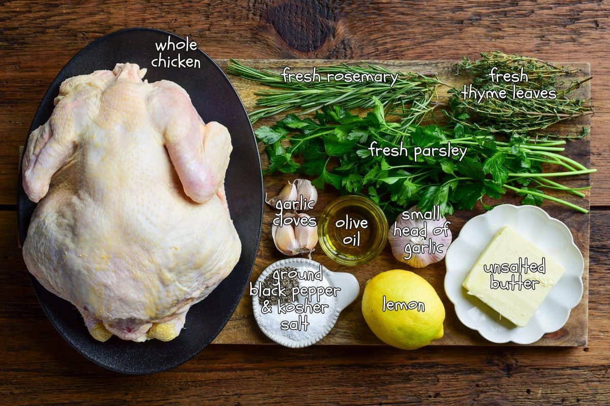 Ingredients for a pellet grill rotisserie chicken recipe.
