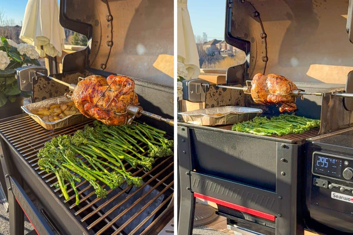 Add the broccolini to the Weber Searwood pellet grill with the rotisserie chicken and potatoes.