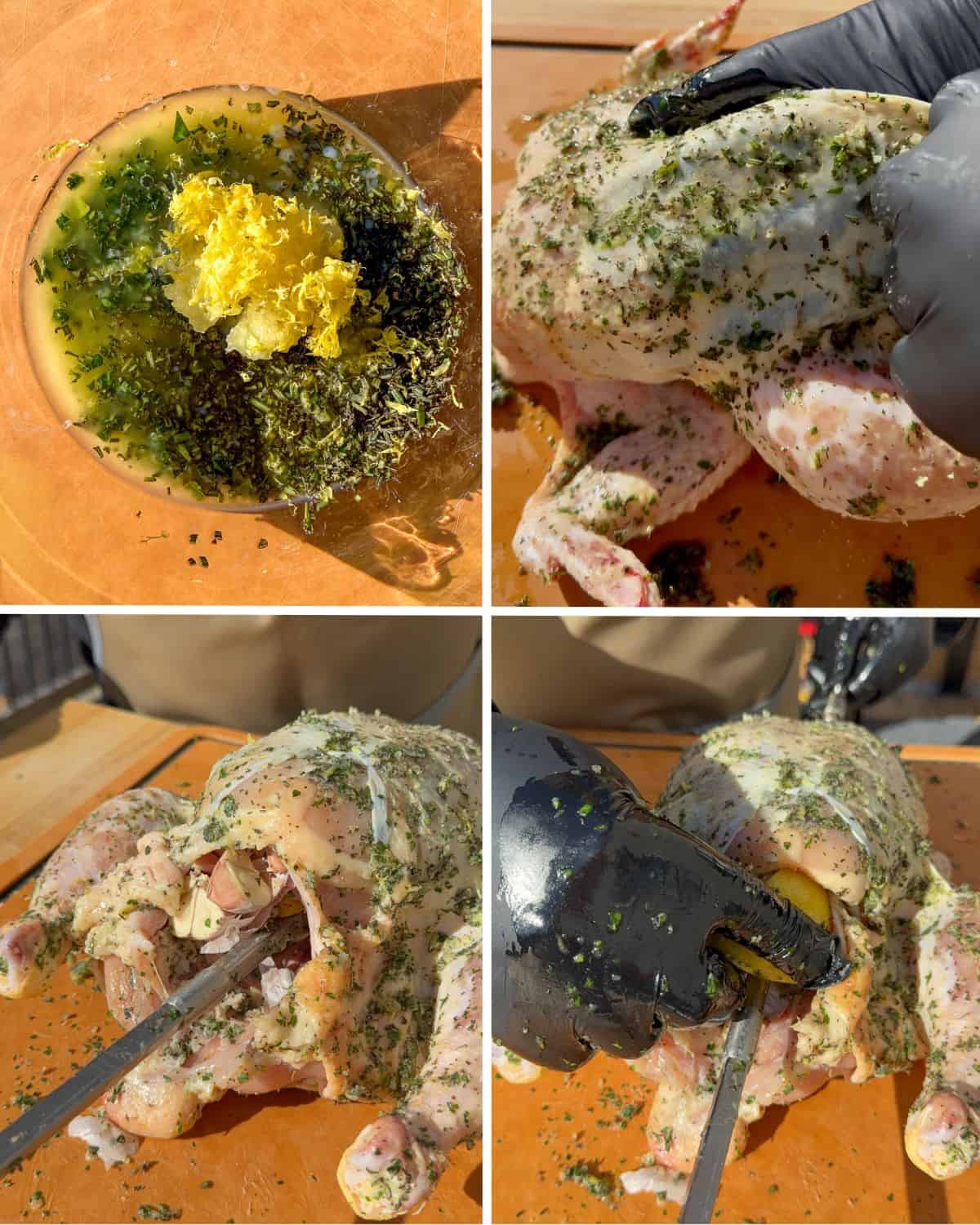 Rub the herb butter mix over and under the chicken skin. Stuff the chicken with lemon and garlic, and place of the spit.