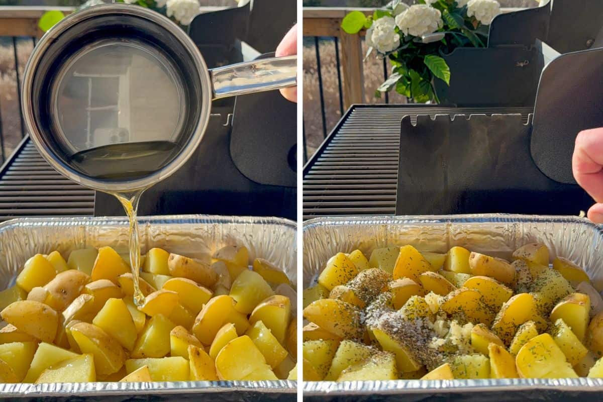Transfer the potatoes to a grill-safe roasting pan or cast-iron pan. Add the melted duck fat, salt, pepper, rosemary, and grated garlic. Toss well to coat.
