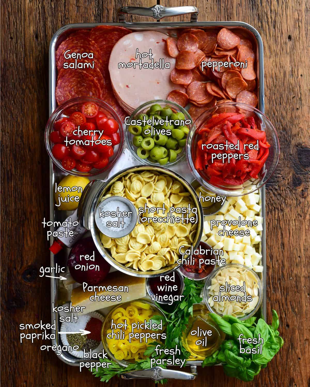Ingredients for a chopped Italian pasta salad recipe.