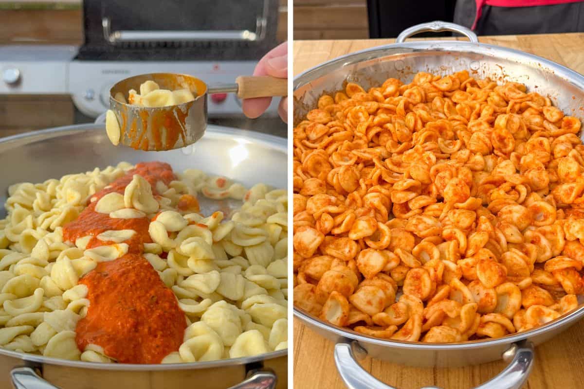 Coat the pasta with the dressing.