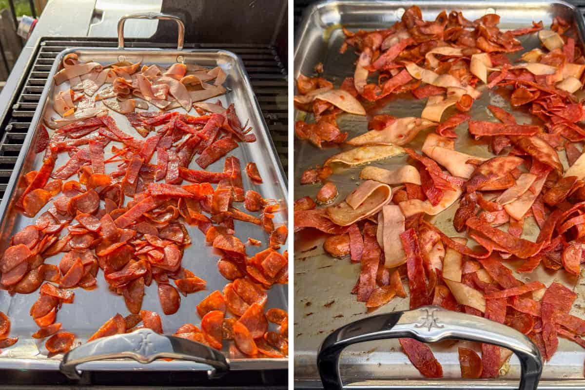 Crisp up the spicy deli meat strips on a large griddle.