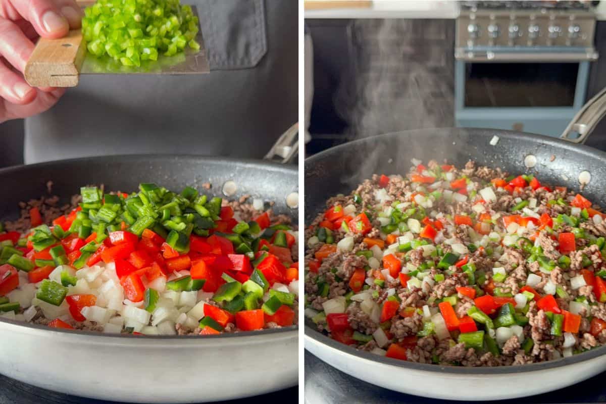 Add the diced yellow onion, poblano pepper, red bell pepper, and fresh jalapeño to the browned beef. Cook until softened.