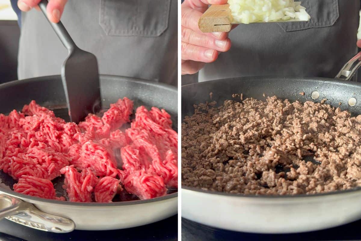 Brown the beef in a skillet.