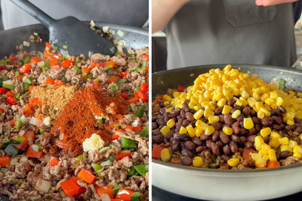 Add the spices, corn and beans to the beef for the skillet enchiladas.