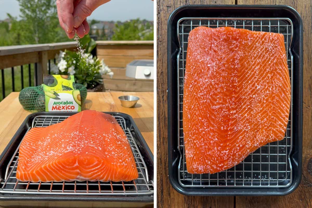 Season the salmon with salt before it gets cedar planked.