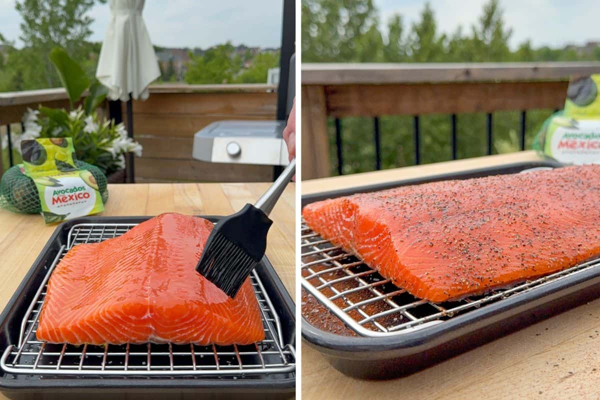 Oil the salmon and season with pepper and paprika.