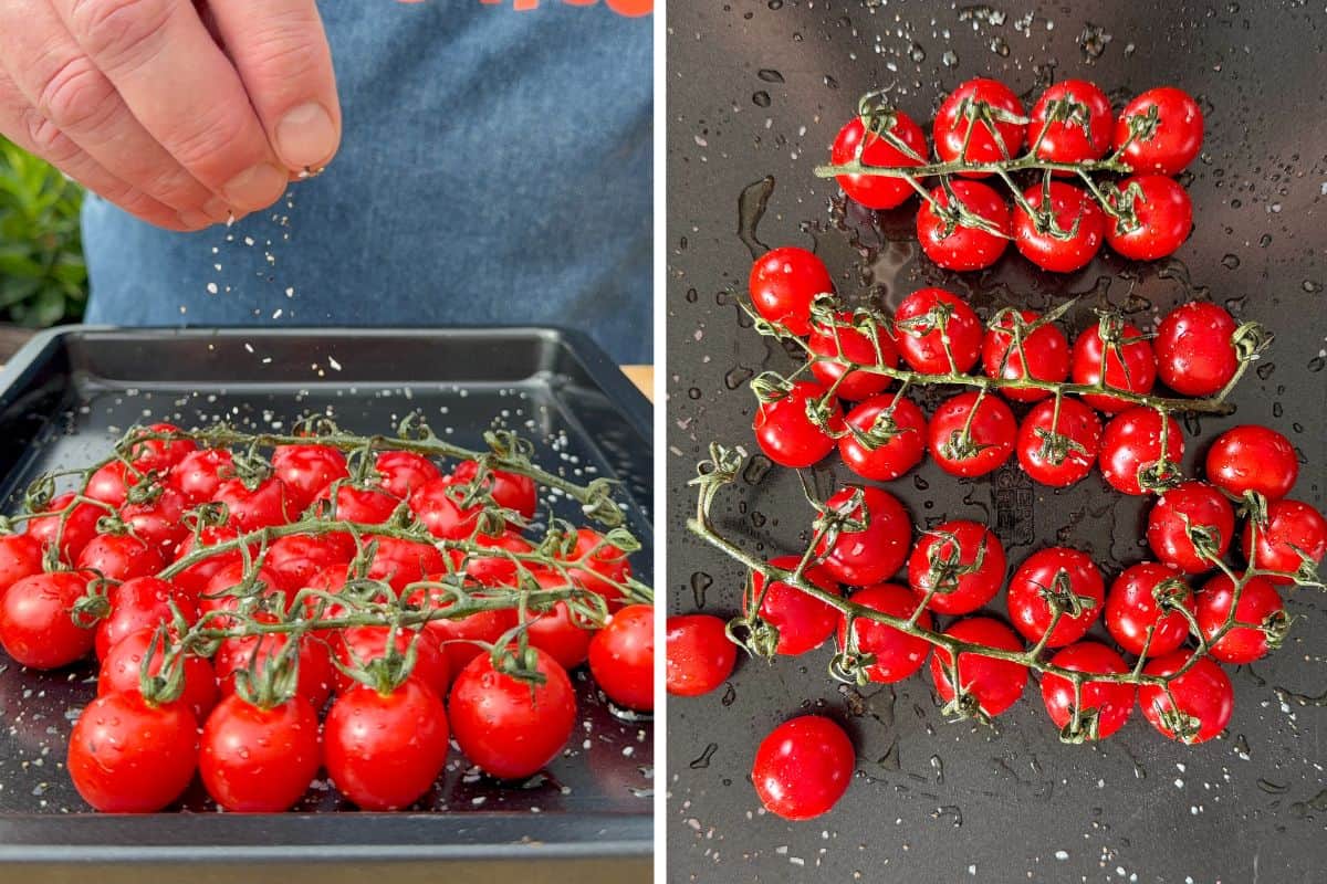 Season the tomatoes with oil, salt and pepper for blistering.