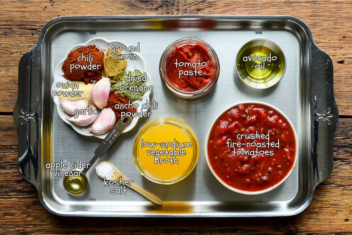 Ingredients for a fire-roasted enchilada sauce recipe.
