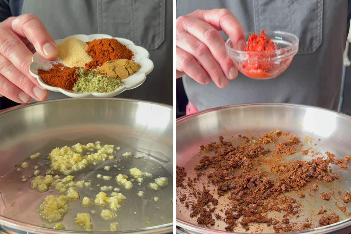 Toast the garlic and bloom the spices.