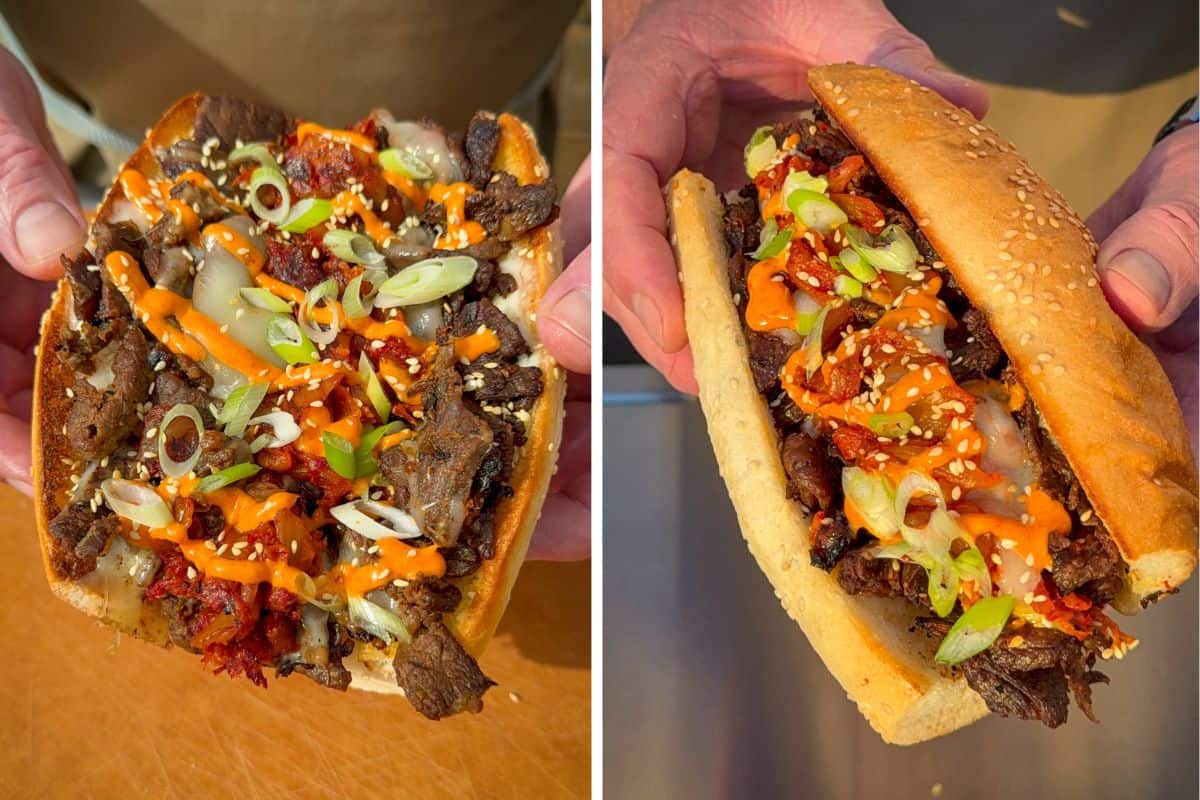 Two views of an assembled Korean bulgogi cheesesteak.