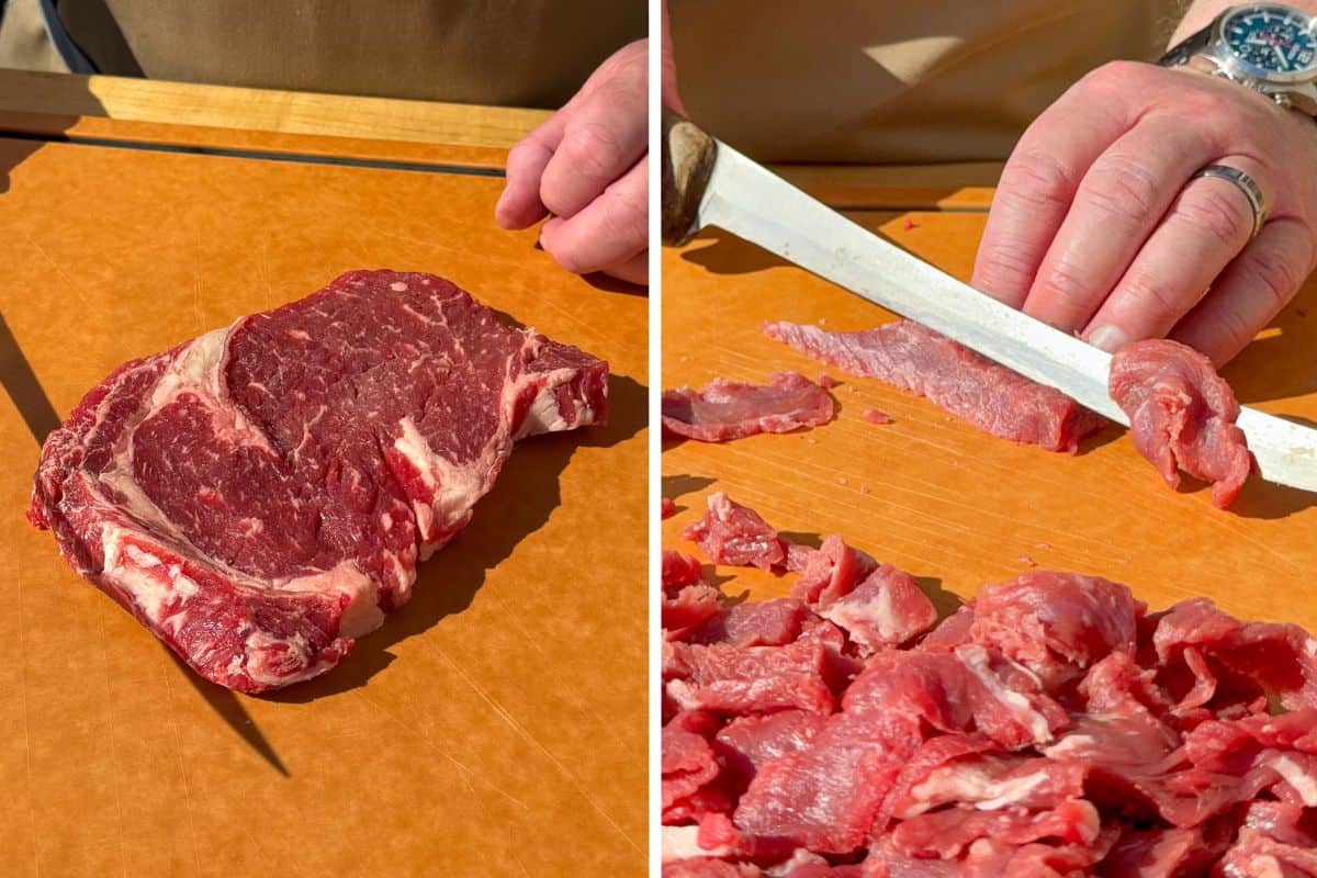 Shave the slightly frozen beef with a sharp knife.