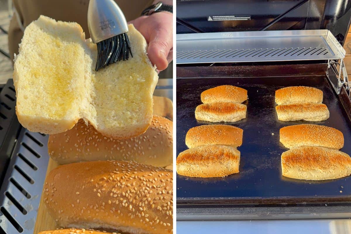 Butter, then toast the inside of the buns.