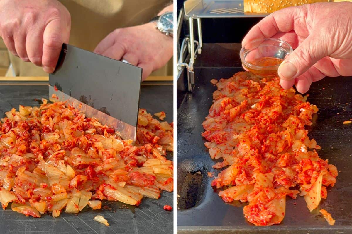 Chop and warm the kimchi on the griddle.