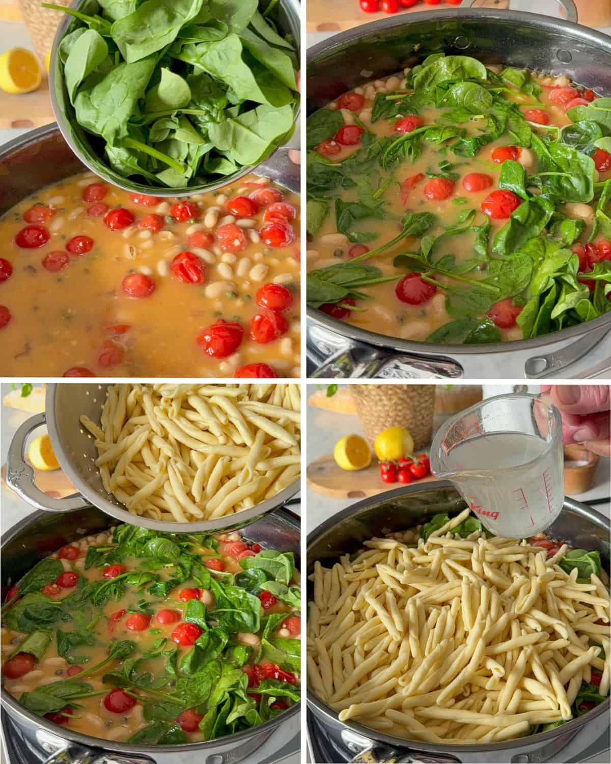 Add the spinach, pasta and pasta water into the pan with the piccata pasta sauce.