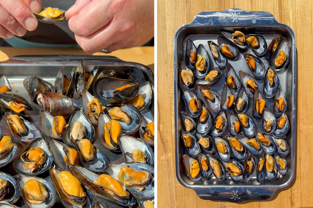 Gently snap off and discard the top mussel shell from each one and place on a tray.