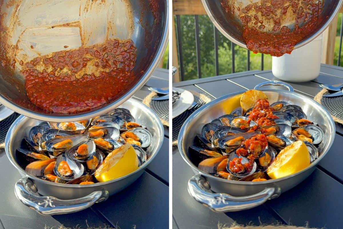 Pour the Salsa Picante (spicy salsa) over the half shell mussels.