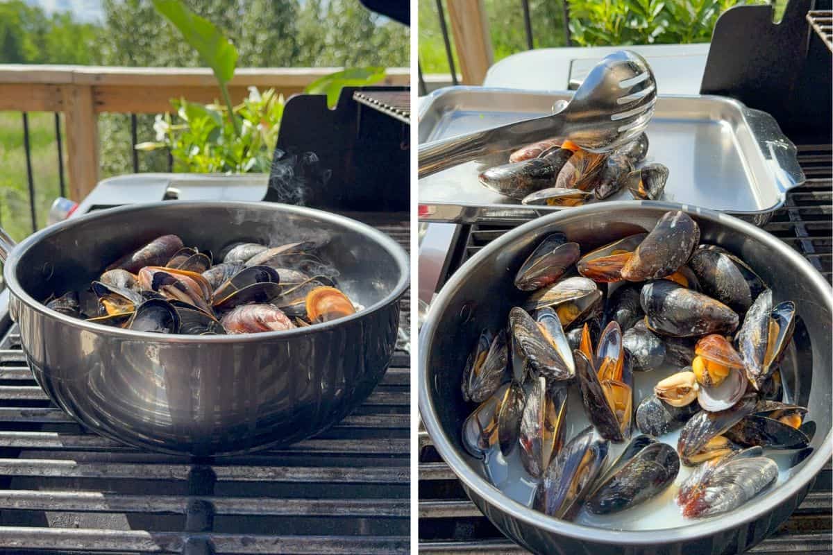 Steam the mussels in white wine and water, them remove them from the pot.