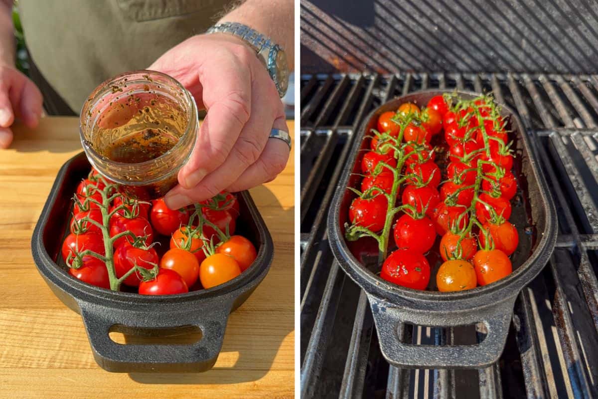 Marinate the tomatoes with olive oil and spices. Placed in a cast-iron pan on a grill.