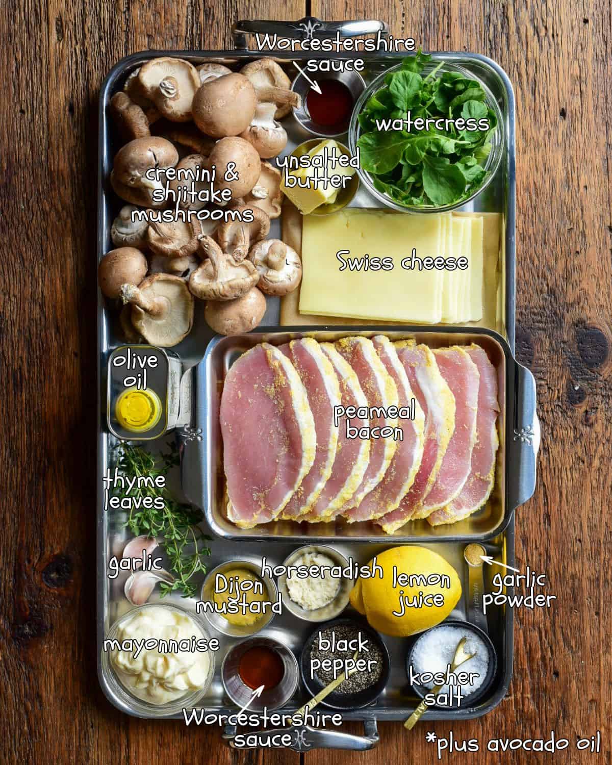 Ingredients for a peameal bacon sandwich with mushrooms and Horseradish Dijon Aioli.