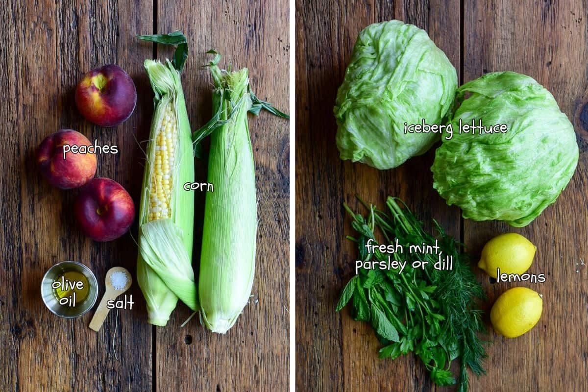 Ingredients for the grilled corn, peaches and for finishing the lamb lettuce wraps.