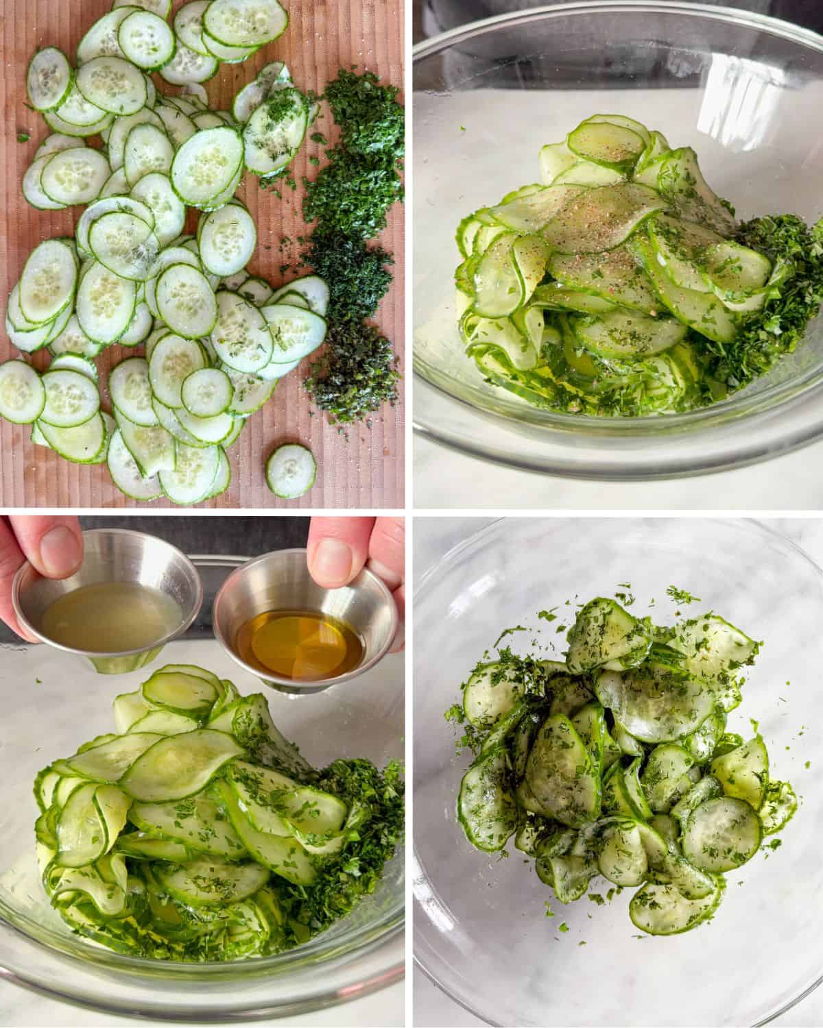 Slice the cucumbers, chop the herbs. Add the dressing ingredients to the cucumbers and mix to combine.