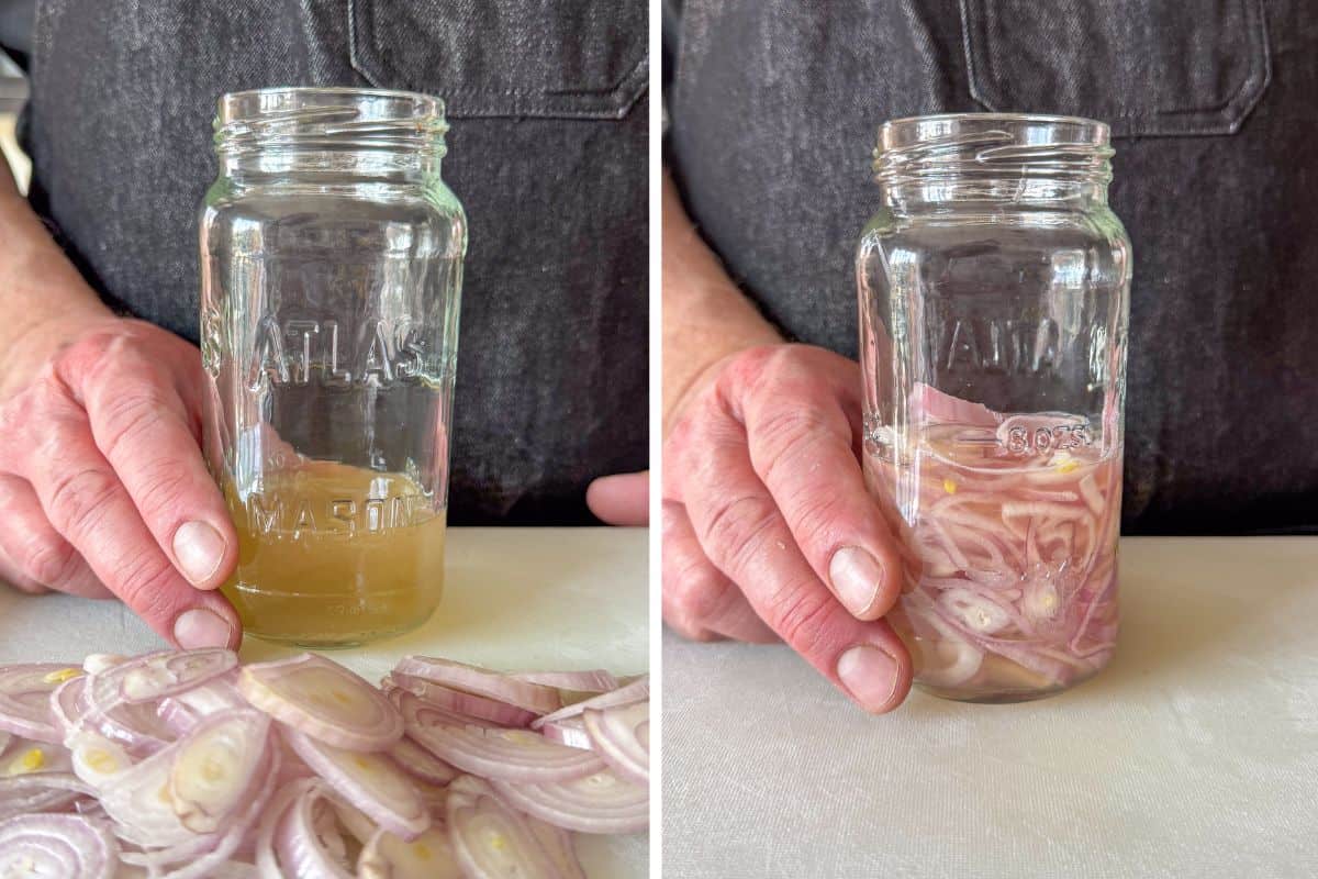 In a small jar, combine the shallots, vinegar, water, sugar, and salt. Make sure the shallots are all submerged.