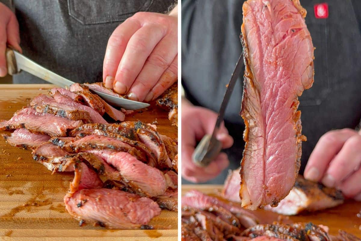 Slice the rested lamb thinly across the grain.
