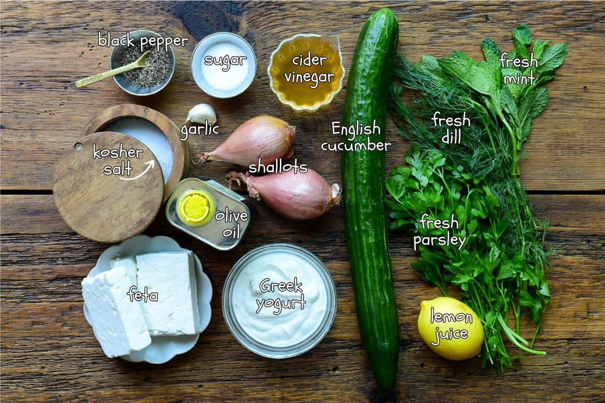 Ingredients for a whipped feta, cucumber salad and pickled shallots recipe.