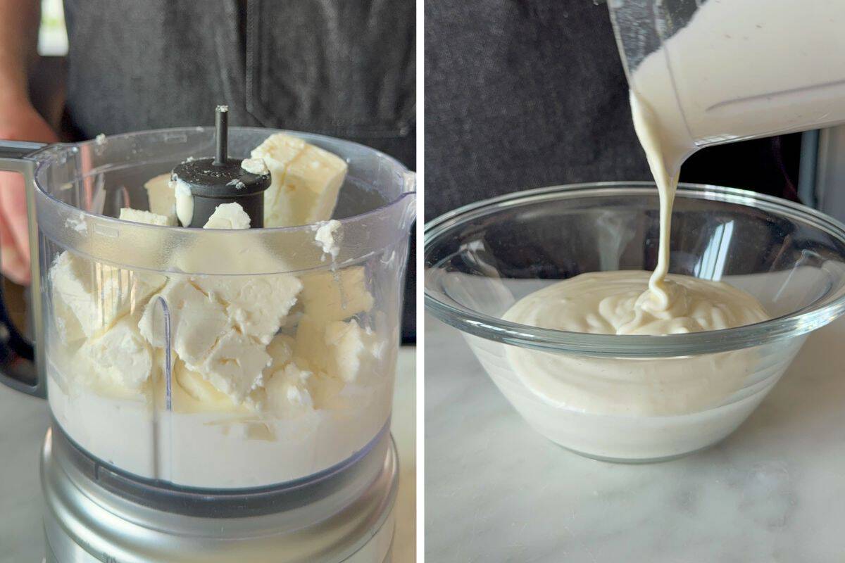 Blend the whipped feta ingredients, then pour into a bowl for serving.