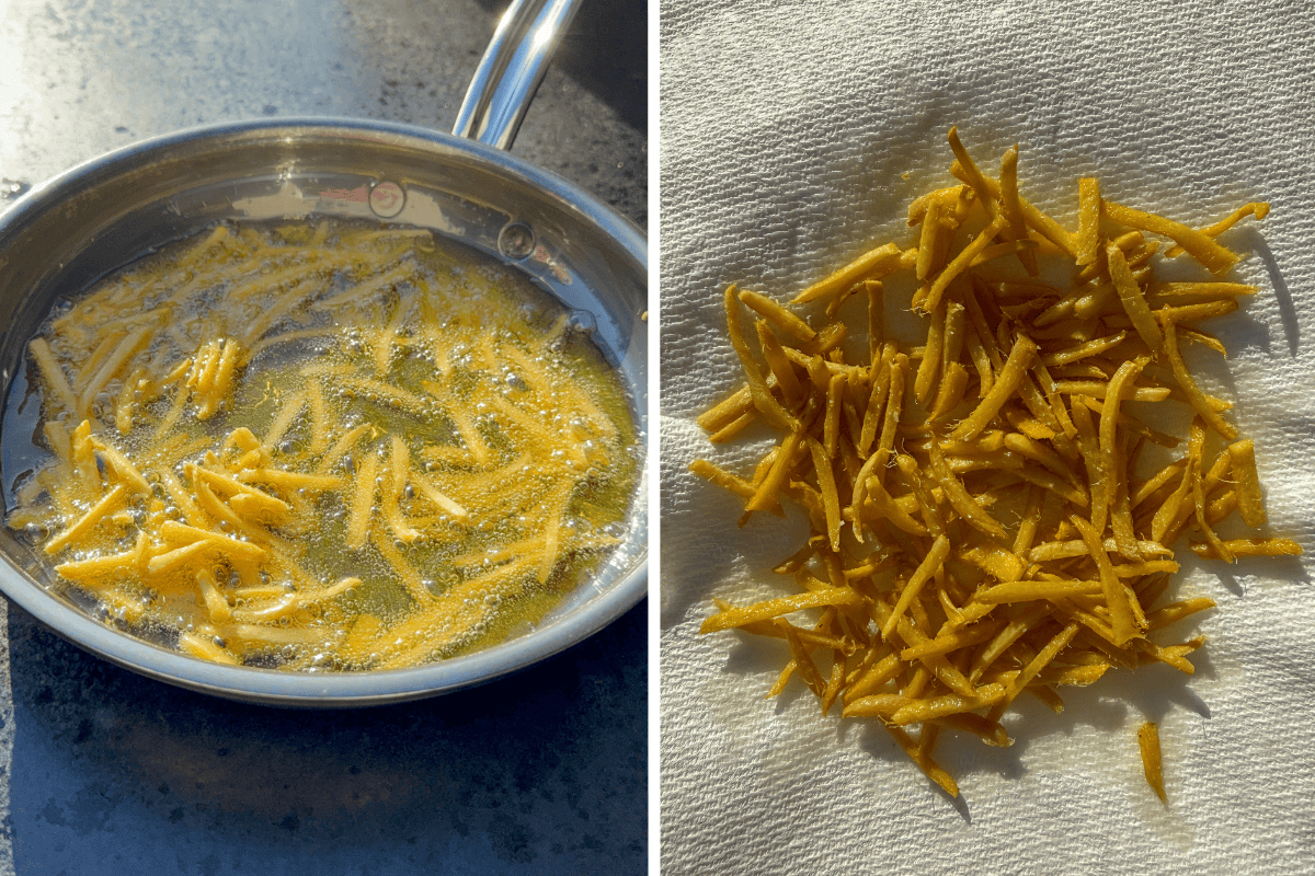 Fry the matchstick ginger pieces, then place the fried ginger on paper towel to dry.