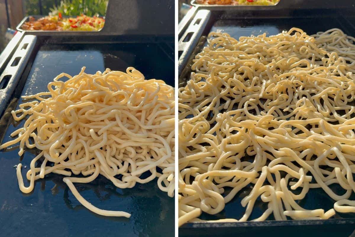 Griddle the udon noodles to get a light sear.