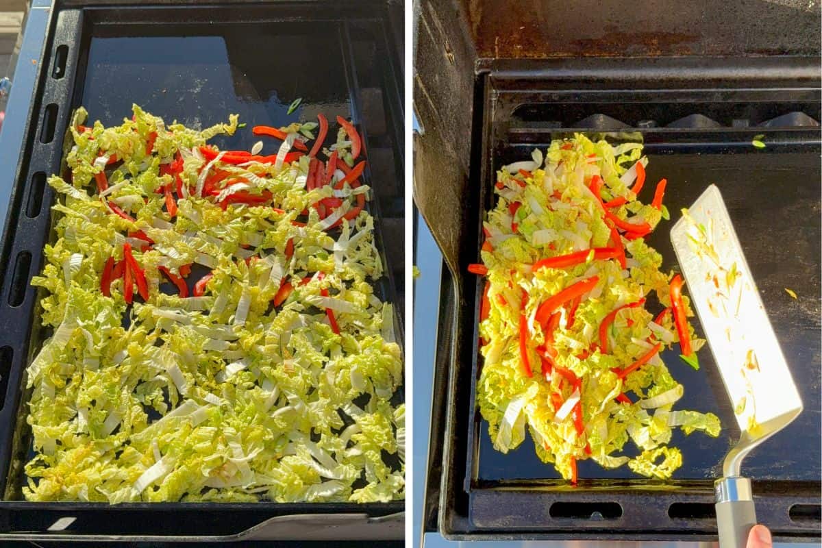 Griddle the cabbage, red peppers and green onions.