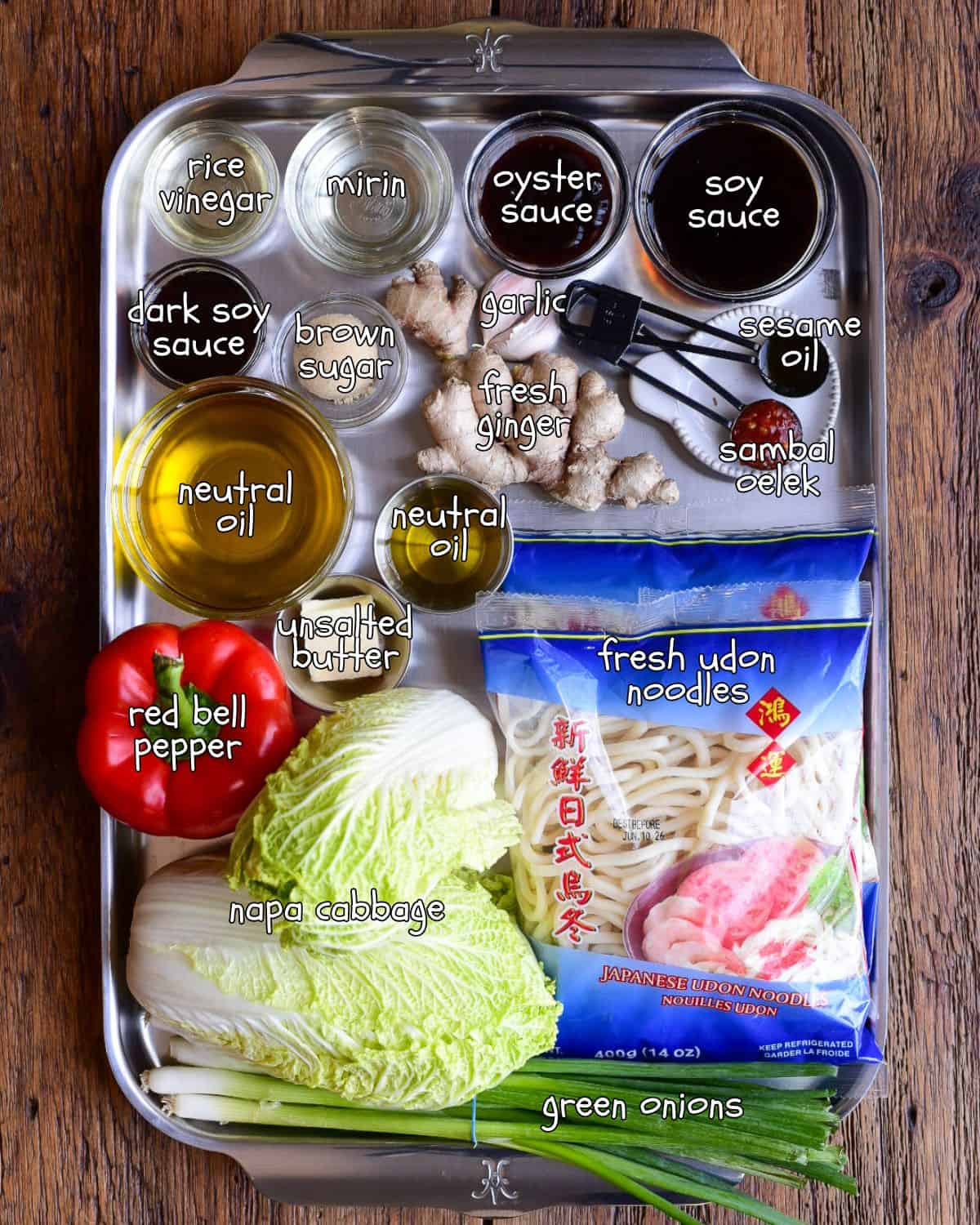 Ingredients for an udon stir fry recipe.